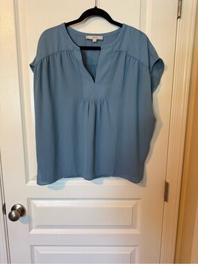 LOFT Dusty Blue Split V-Neck Short Sleeve Blouse